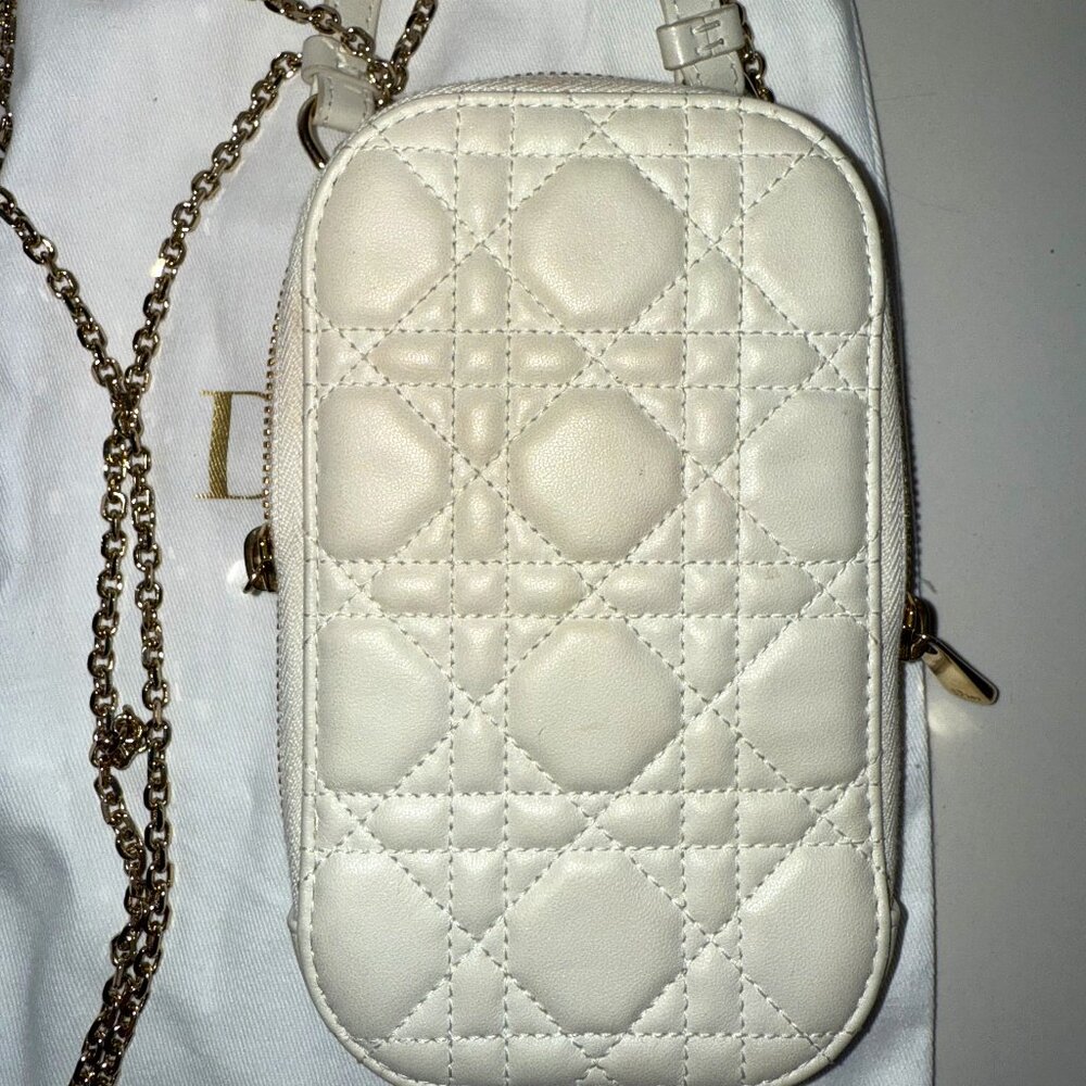 Dior Micro Lady Dior Phone Bag – White Cannage Lambskin with Gold Chain